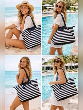 Kate & Alex Cuffaro Black/White Striped Women’s Tote Bag Classic Travel Weekend